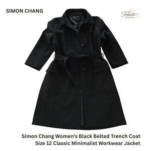 Simon Chang Women’s Black Belted Trench Coat Size 12 Classic Workwear Jacket